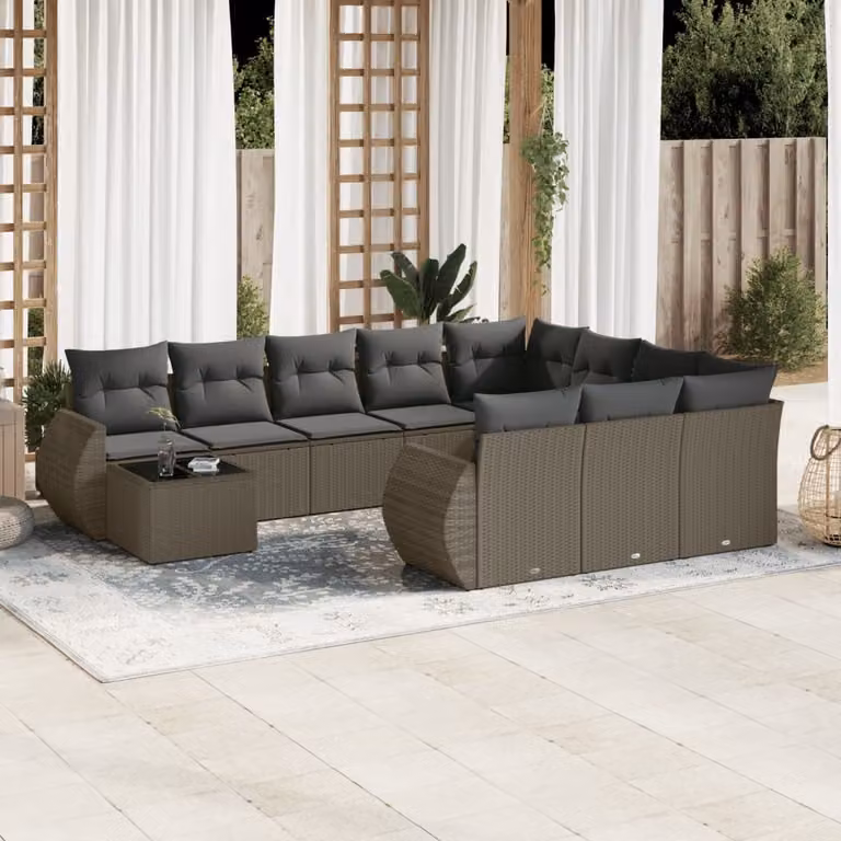 vidaXL Set Divani da Giardino 11 pz in Polyrattan Grigio con Cuscini e Tavolino da Esterno