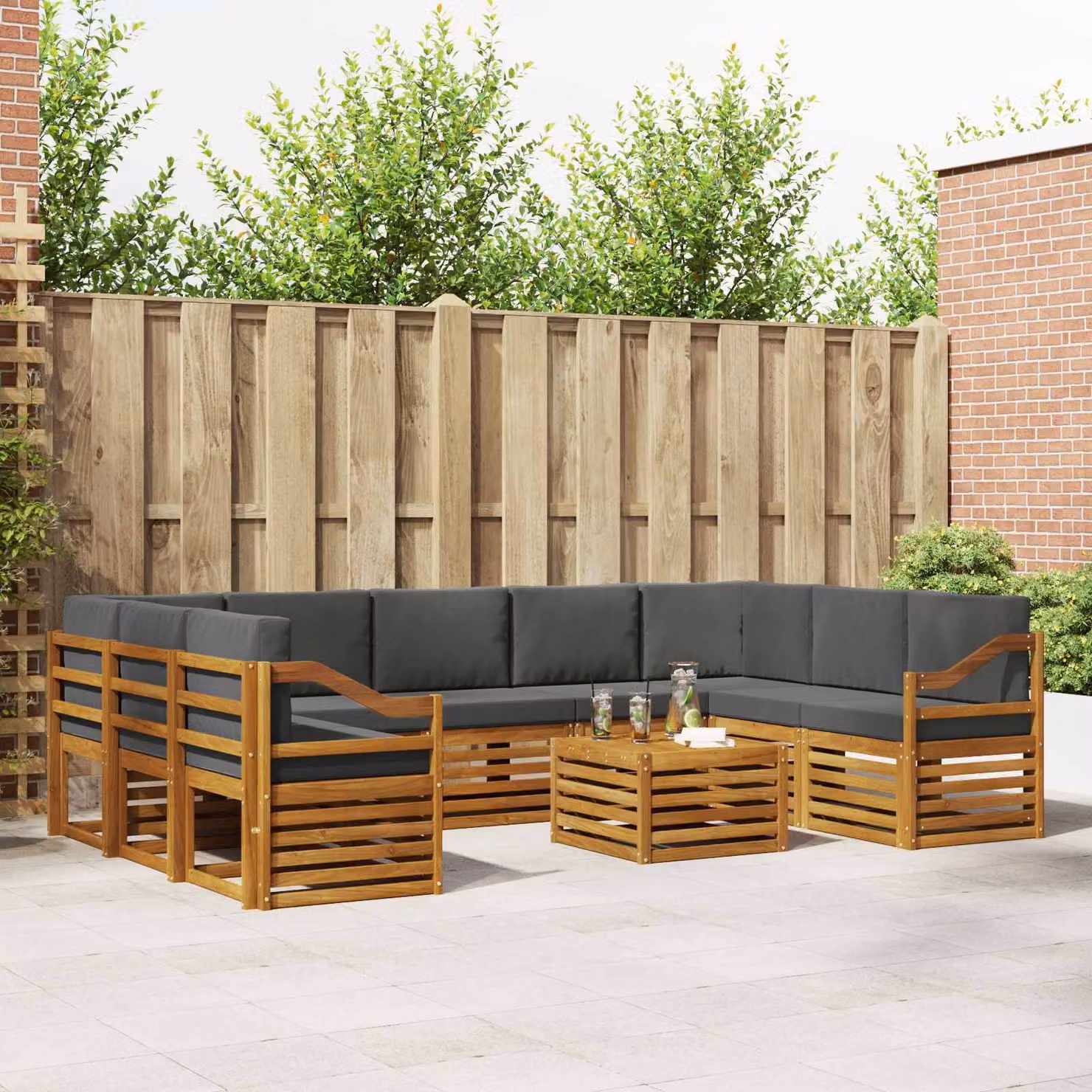 vidaXL Set di divani da esterno a forma di U in legno di acacia con cuscini, beige e antracite