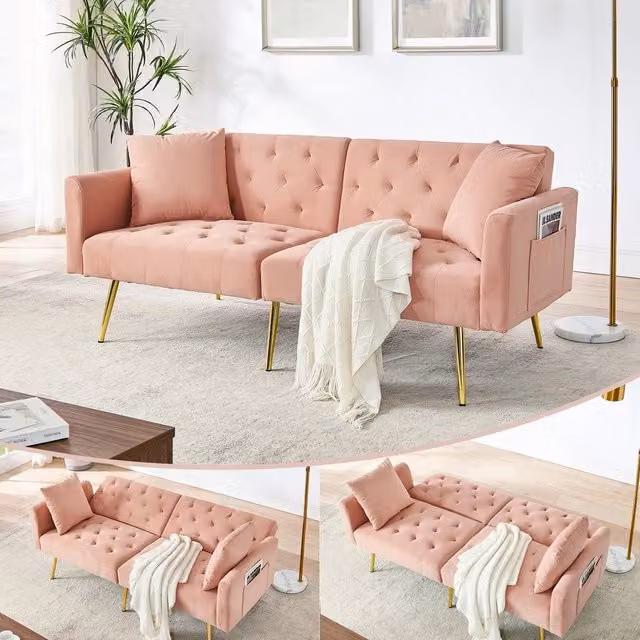 Divano 2 posti in velluto ¨C Minimal ¨C rosa con cuscini, gambe in metallo, schienale regolabile