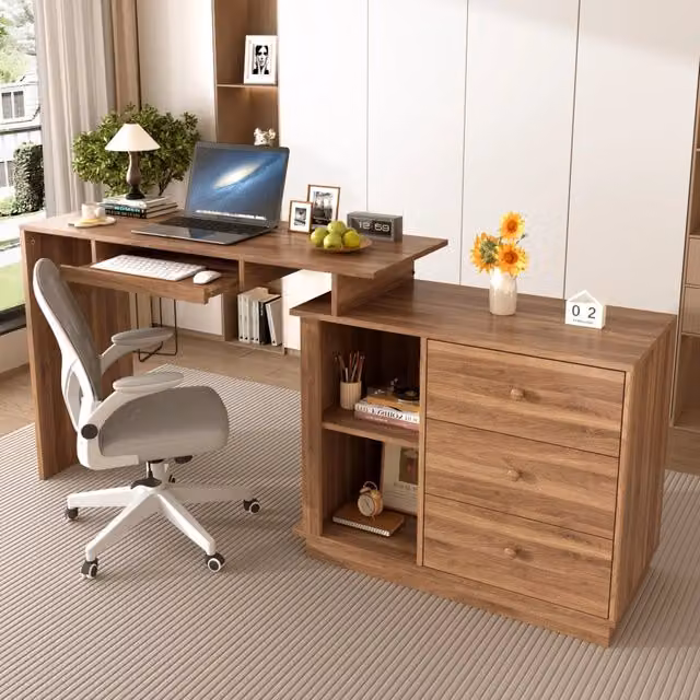 Scrivania moderna WISHDOR allungabile con cassettiera, colore marrone, L: 110 cm, P: 60 cm, H: 75,5 cm