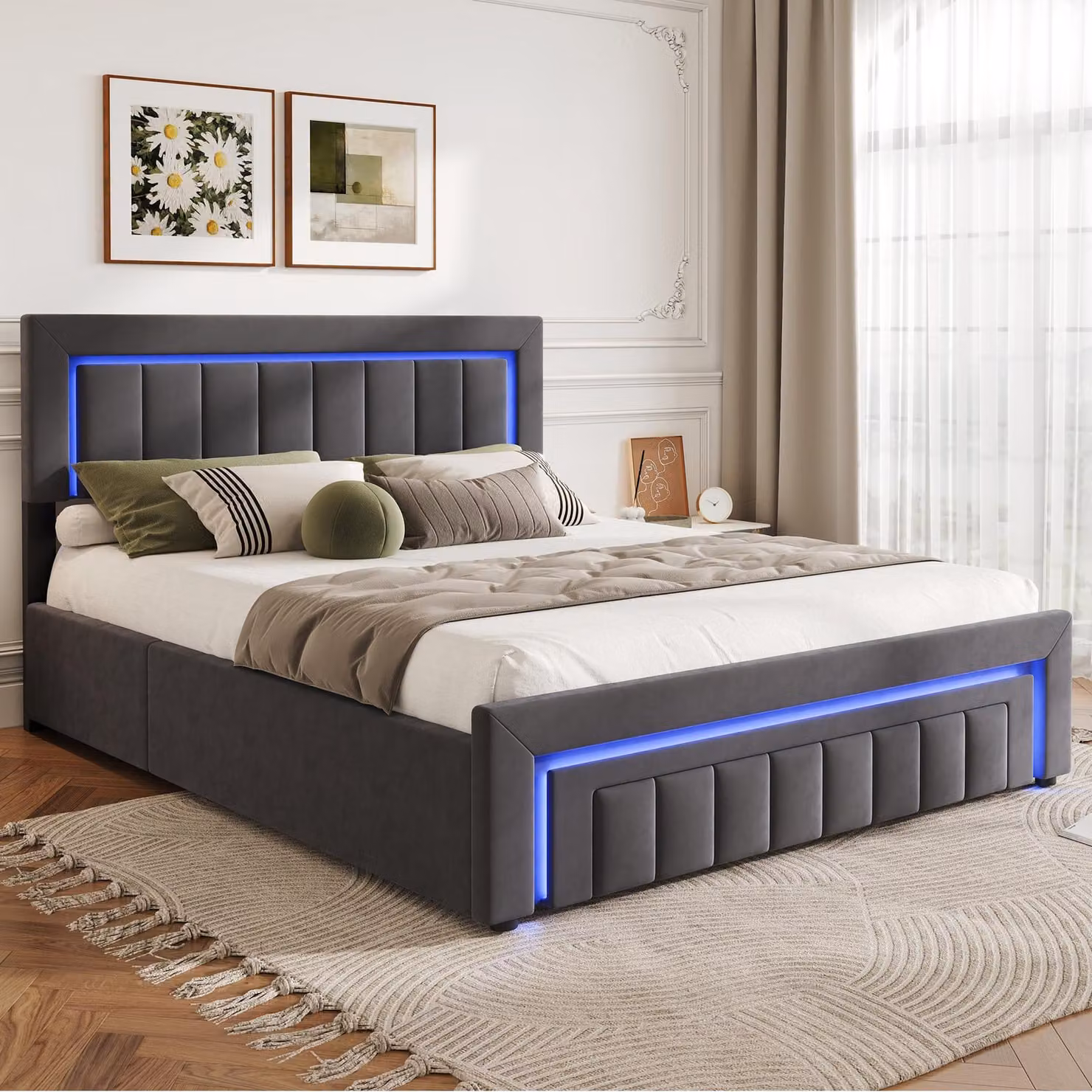 Letto imbottito 180×200 con cassetti e illuminazione a LED, letto matrimoniale con contenitore e rotelle, letto per ragazzi color grigio, senza materasso