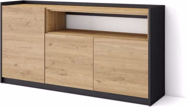 Credenza, Mobile, Cucina, 156x80x37 cm, 3 Porte, grande stoccaggio, Rovere e nero