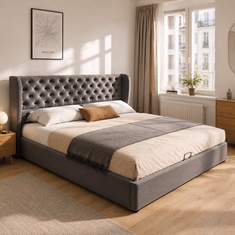 letto imbottito okwish 180x200 cm, letto matrimoniale, letto funzionale idraulico con rete，testiera alta，tessuto non tessuto antivegetativo nero (grigio)