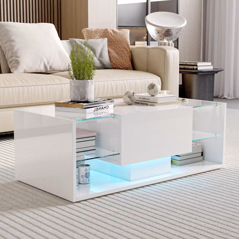Fortuna Lai Tavolino moderno con illuminazione a LED - Tavolino da salotto lucido con spazio di archiviazione e ripiani in vetro - Bianco, 100x50x35 cm