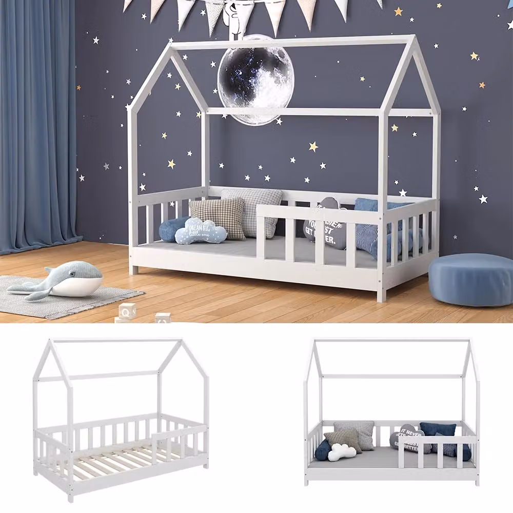 Letto Montessori Michelle Vitalispa per bambini in legno bianco con struttura a casetta e protezione anticaduta L/P/H: 146 x 70 x 125 cm – 2