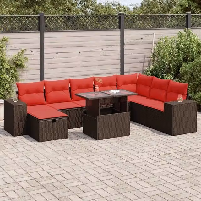 Set Divani da Giardino 9 pz con Cuscini Nero Polyrattan Acacia 3327964