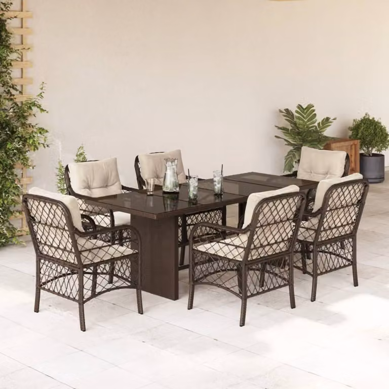 Set da Pranzo da Giardino 7pz vidaXL in Polyrattan Marrone con Piano in Vetro
