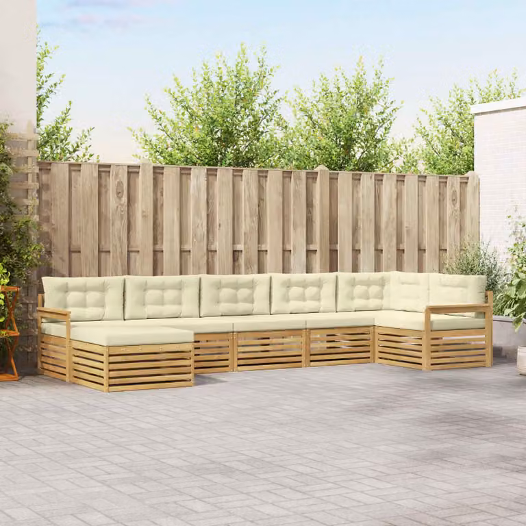 vidaXL Set di divani da esterno moderno a forma di L composto da 7 pezzi in legno di acacia con cuscini in tessuto bianco, beige e marrone