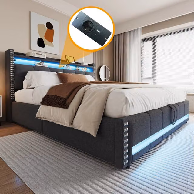 Letto matrimoniale imbottito 180 × 200 cm con contenitore idraulico, LED, USB, testiera con ripiani, tessuto grigio