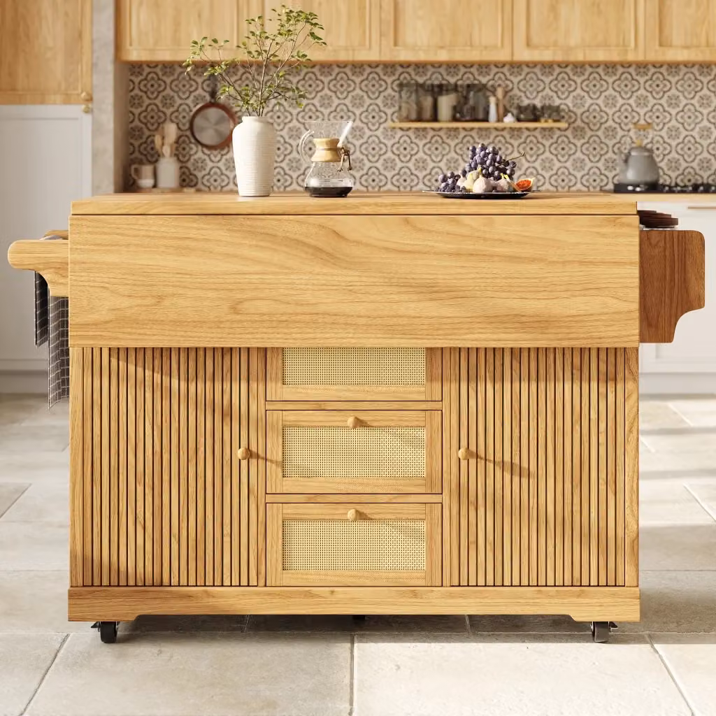Carrello da cucina e balcone pieghevole WISHDOR con piano a ribalta, struttura in MDF e metallo, colore marrone e beige, L/P/H: 142.5 x 80.0 x 95.0 cm – 2