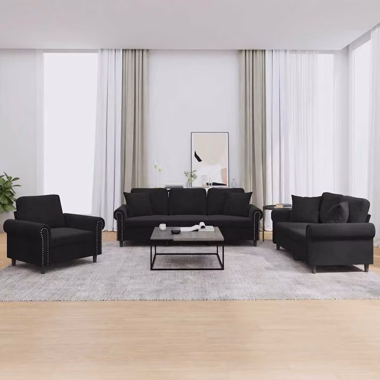 Set di divani 3 pezzi vidaXL in velluto nero con cuscini per soggiorno moderno