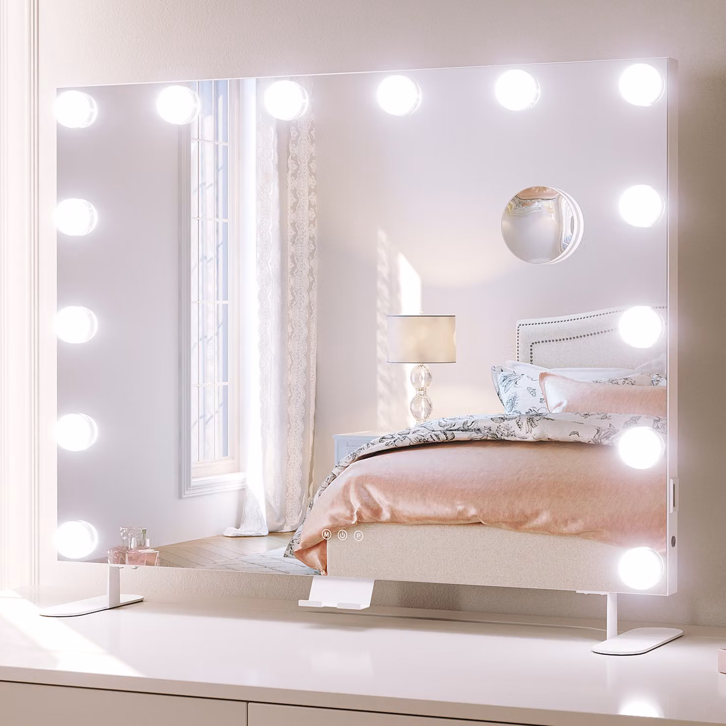 SONNI specchio per il trucco 80x65,5cm specchio per il trucco con luce a 3 colori, luminosità regolabile, con USB e supporto, ingrandimento 10x, specchio da parete, bianco