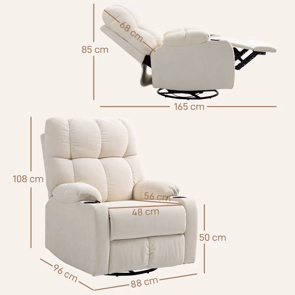 Poltrona relax WISHDOR girevole e oscillante con funzione reclinabile, imbottitura a molle insacchettate e porta bicchieri, Beige – 2