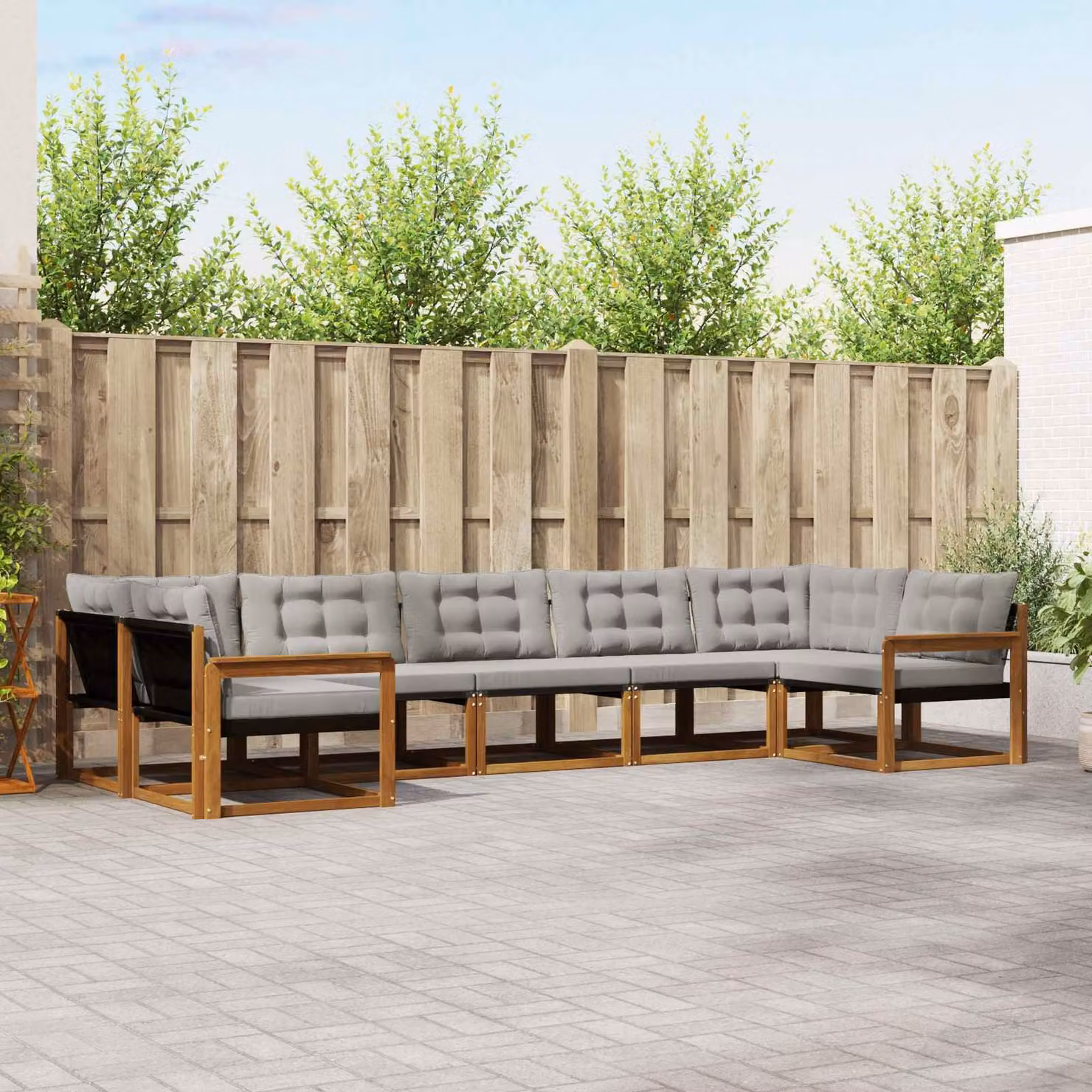 vidaXL Set di divani da esterno 7 pz a forma di U in legno di acacia con cuscini beige e grigio