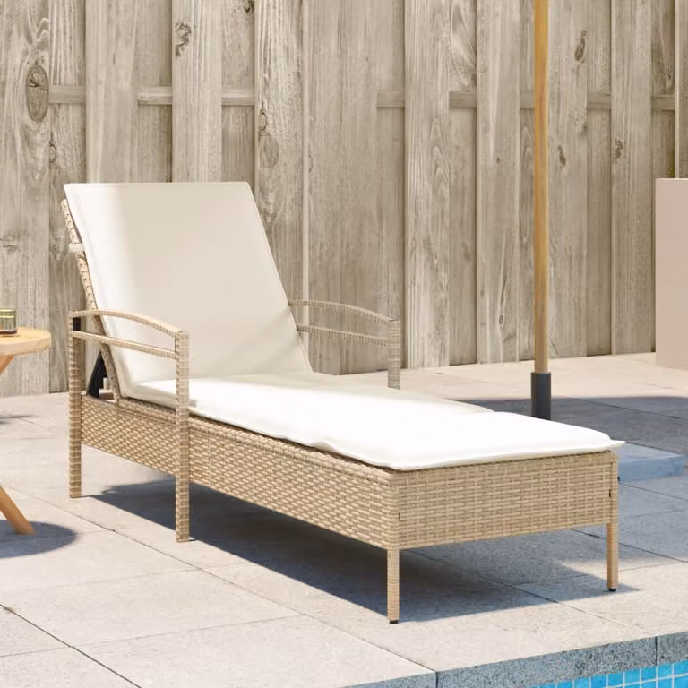 vidaXL Lettino Prendisole in Polyrattan con Cuscino Beige e Bianco, L/P/H: 200 x 63 x 81 cm
