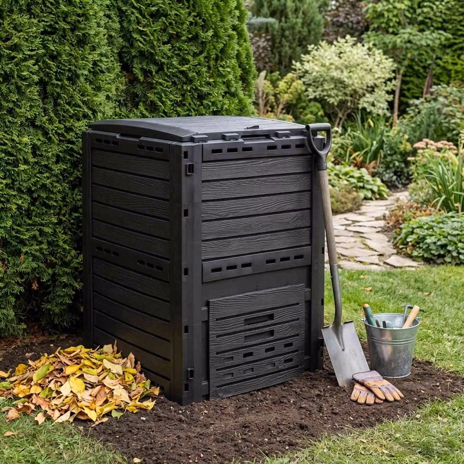 Compostiera da giardino vidaXL in plastica nera, capacità 280 l, L/P/H: 59,5 x 60 x 81,5 cm