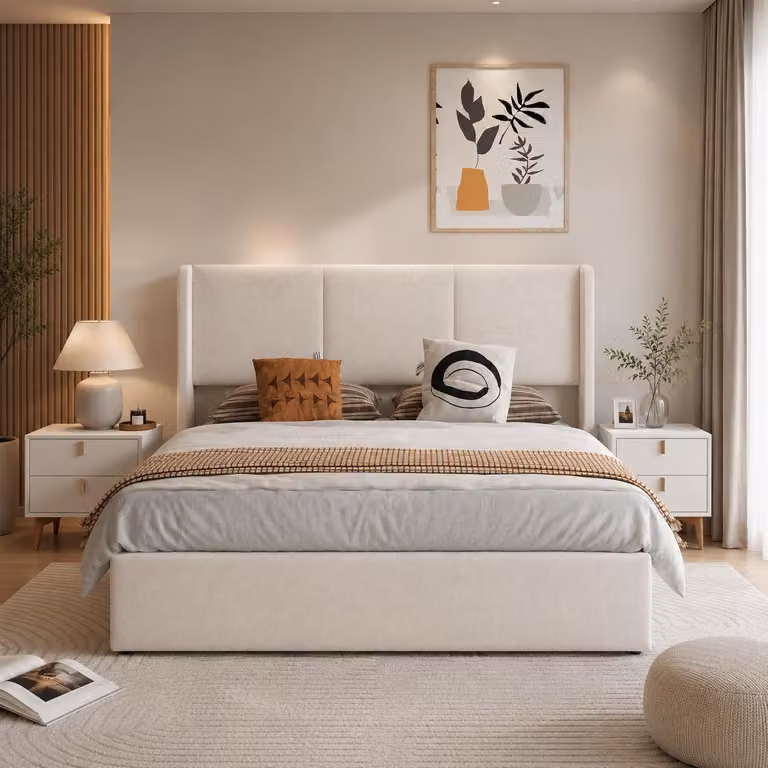 Letto imbottito INONEFT 140x190 cm con contenitore, letto per ragazzi con meccanismo a sollevamento idraulico, letto matrimoniale per ragazzi con rete a doghe, lino, beige