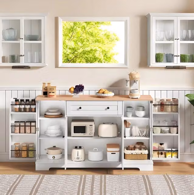 Credenza moderna in MDF bianco e beige per cucina, sala da pranzo o soggiorno, larghezza: 138 cm
