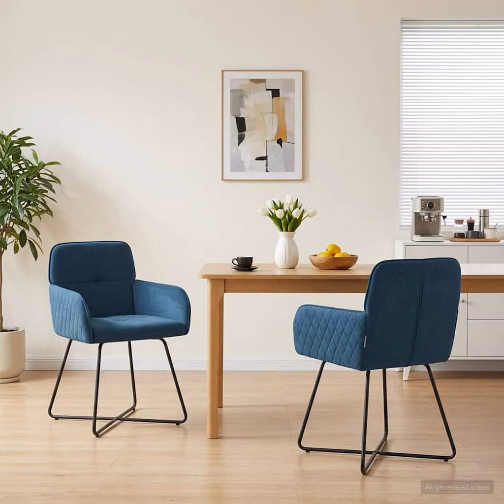 Set di 2 sedie da pranzo vidaXL in velluto blu con struttura in metallo, L: 59 cm, P: 56,5 cm, H: 86 cm