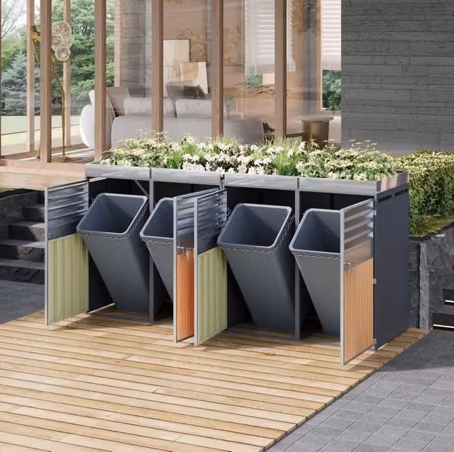 Mülltonnenschrank con fioriera integrata; 4 scomparti; acciaio zincato grigio e effetto legno