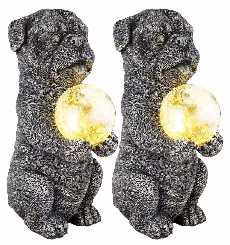 Set di 2 lampade solari a LED, a forma di cane con sfera di vetro, colore grigio, altezza 29 cm