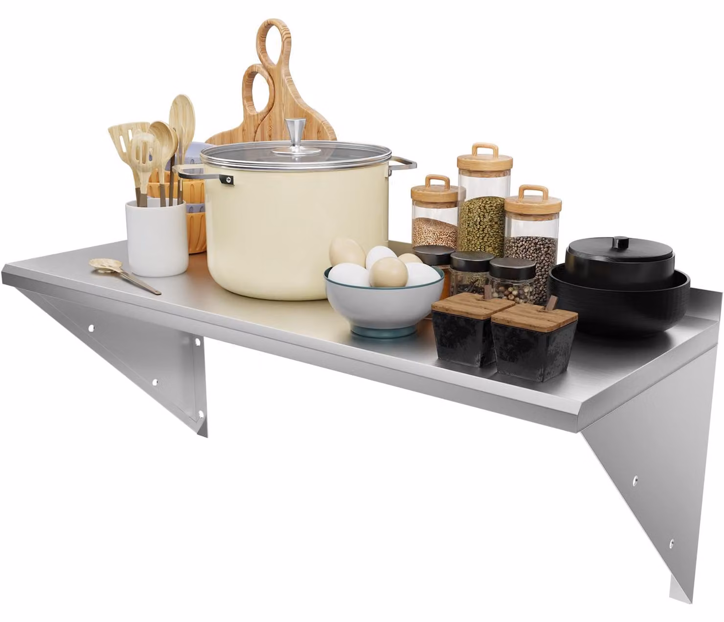 Mensola a parete in acciaio inossidabile, a un ripiano, a forma triangolare, dimensioni 120 x 32 x 55 cm, con gancio multifunzionale per la cucina