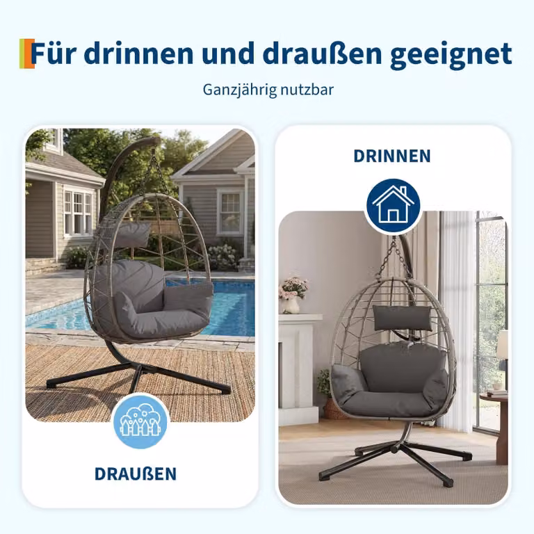 Sedia a dondolo sospesa con struttura - Sedia da esterno - Aspetto in rattan sintetico e struttura in metallo - Portata massima 150 kg - Ideale per giardino, terrazza e balcone - Grigia
