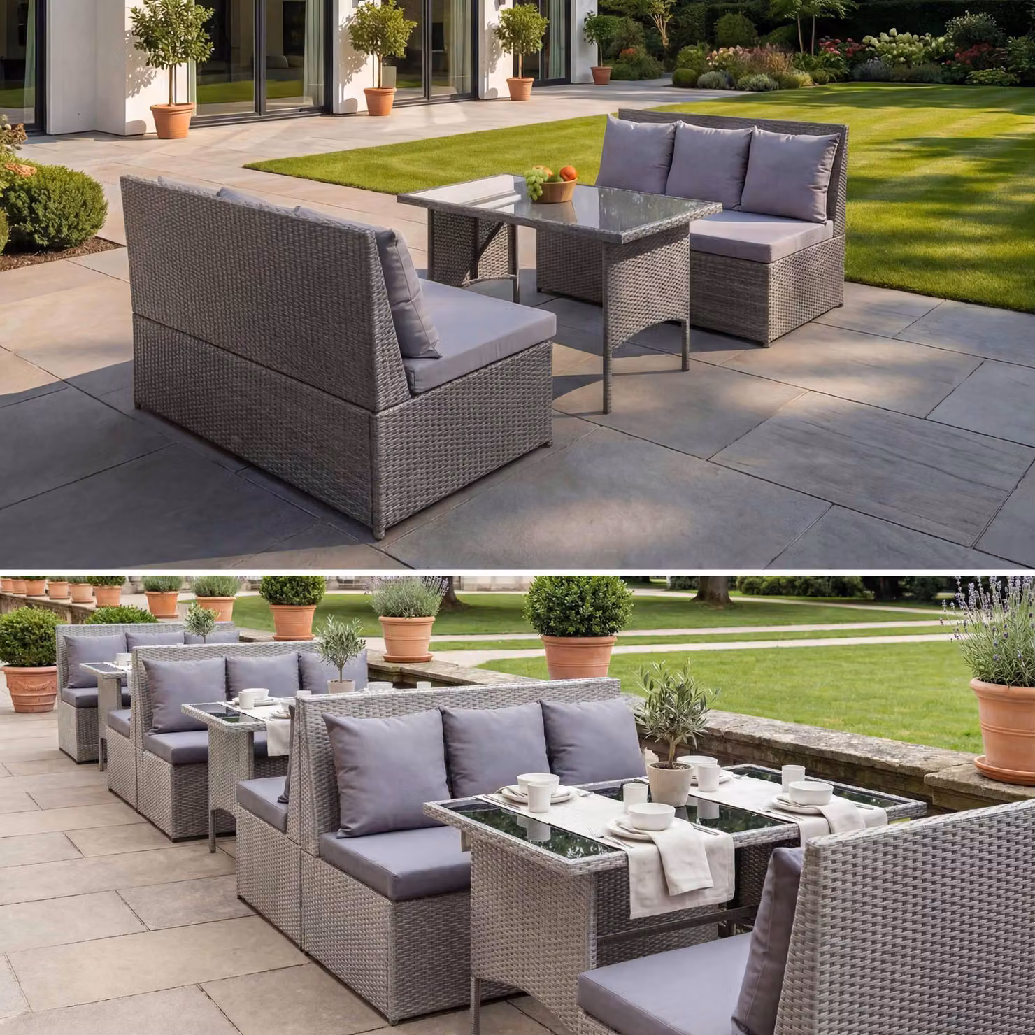 Set in polyrattan MCW-G16, set da giardino/lounge, set da pranzo, ristorazione 2 divani da 2 posti Tavolo ~ grigio, cuscini grigio scuro