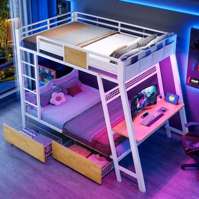 Letto a soppalco con scrivania gaming ¨C Minimal ¨C metallo bianco, 90x200cm, con led, cassetti portaoggetti