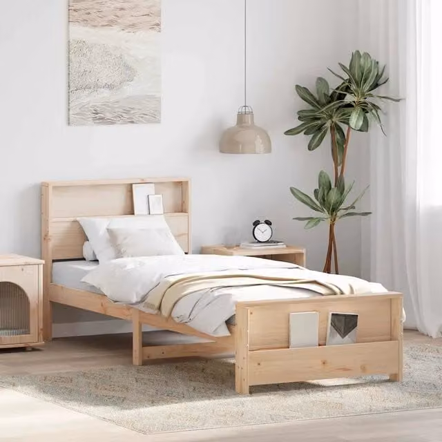 Letto singolo per adulti in legno di pino marrone e beige con struttura in doghe fisse e design minimalista L/P: 190 x 90 cm