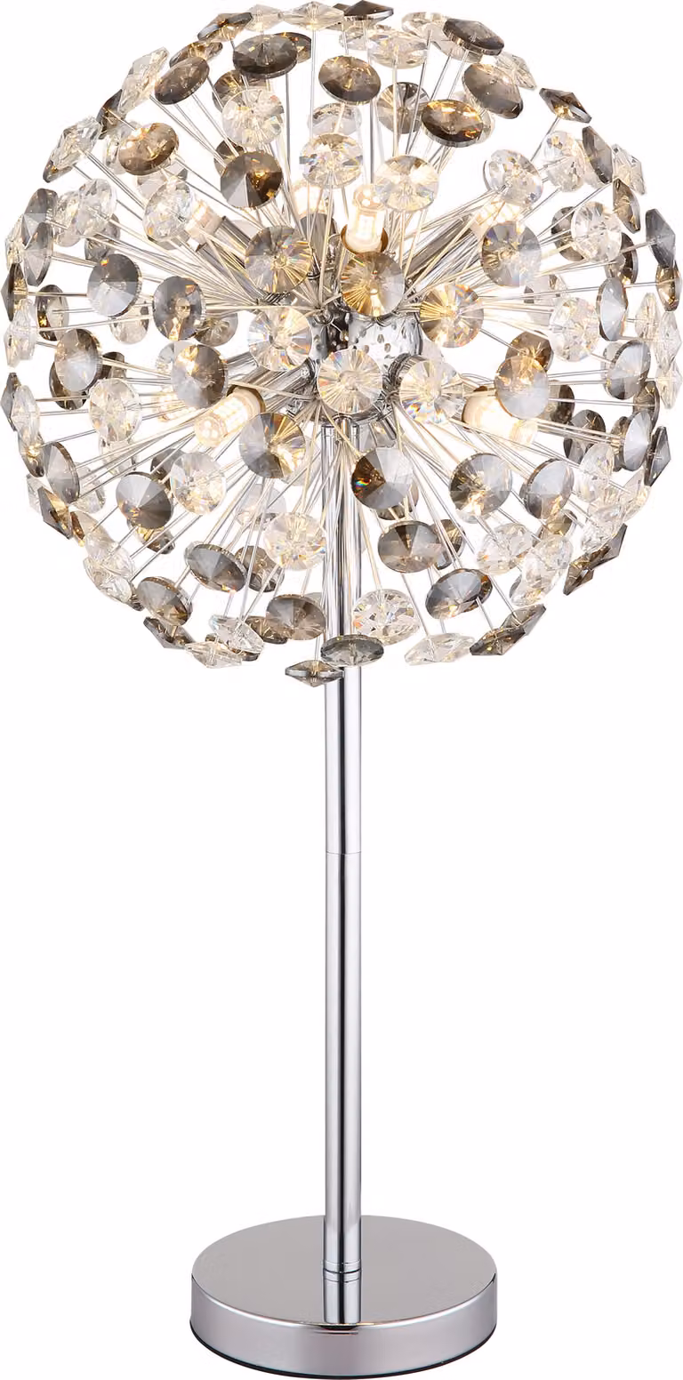 Lampada da tavolo Globo, struttura in metallo cromato, cristalli K9 fumé e trasparenti, cavo in PVC trasparente, interruttore a levetta sul cavo, diametro: 350 mm, altezza: 650 mm, lunghezza del cavo: 1500 mm, include 8 lampadine LED G9 da 3,5W a 230V, 35