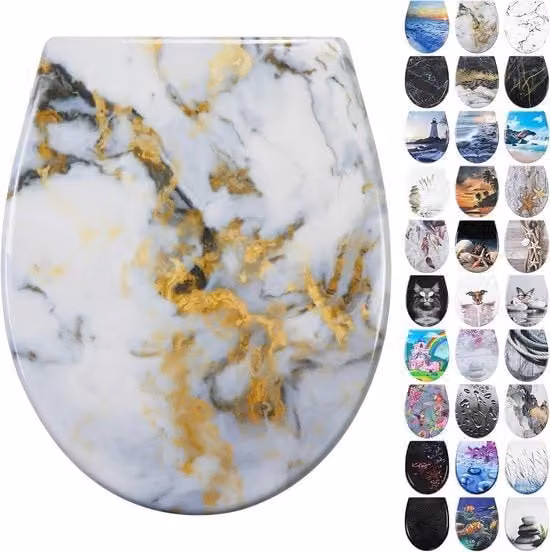 Bracciale per WC in Duroplast con Softclose e Chiusura rapida - a forma di O in Marmo dorato