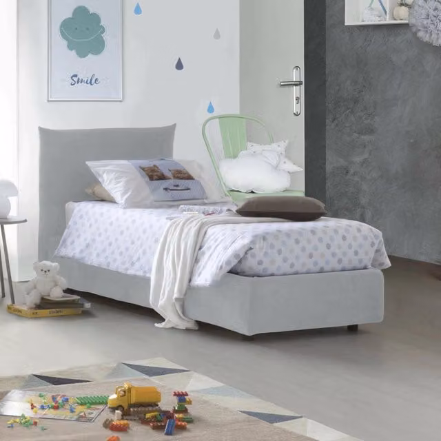 Letto singolo contenitore Alisech Talamo Italia con rivestimento in tessuto bianco e apertura laterale, adatto per materasso 80x190 cm – 1