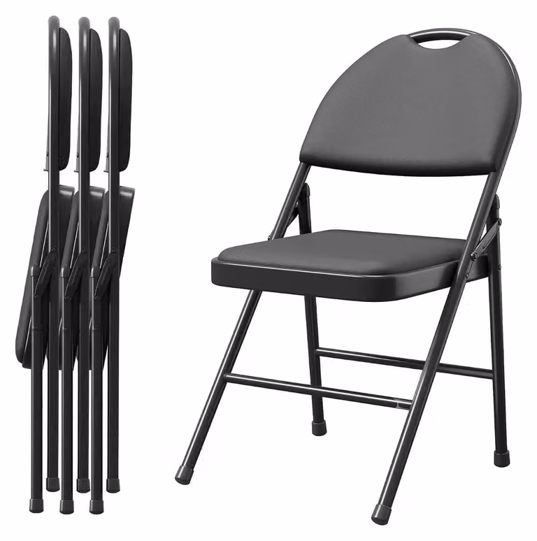 Set di 4 sedie da pranzo - Pieghevoli - Imbottite - Seduta e schienale in ecopelle - Struttura in metallo robusta - Impilabili - Colore: nero