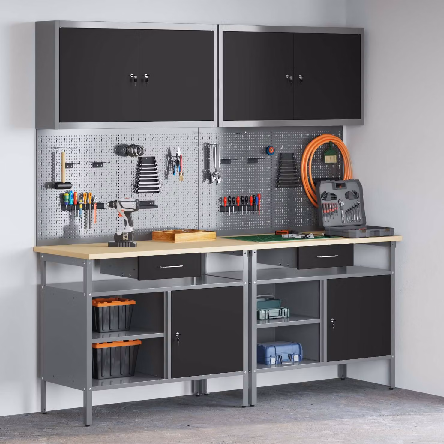 vidaXL Set banco da lavoro 8 pz Nero e Grigio