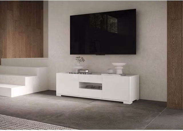 Porta TV moderno 3 ante 130x40x40 cm Riflesso - Bianco Lucido