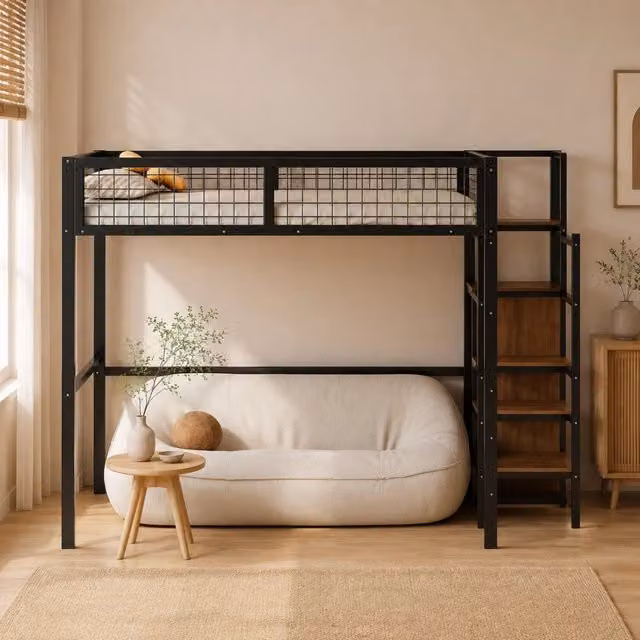 Letto a soppalco 140x200 cm nero in metallo con scala e armadio