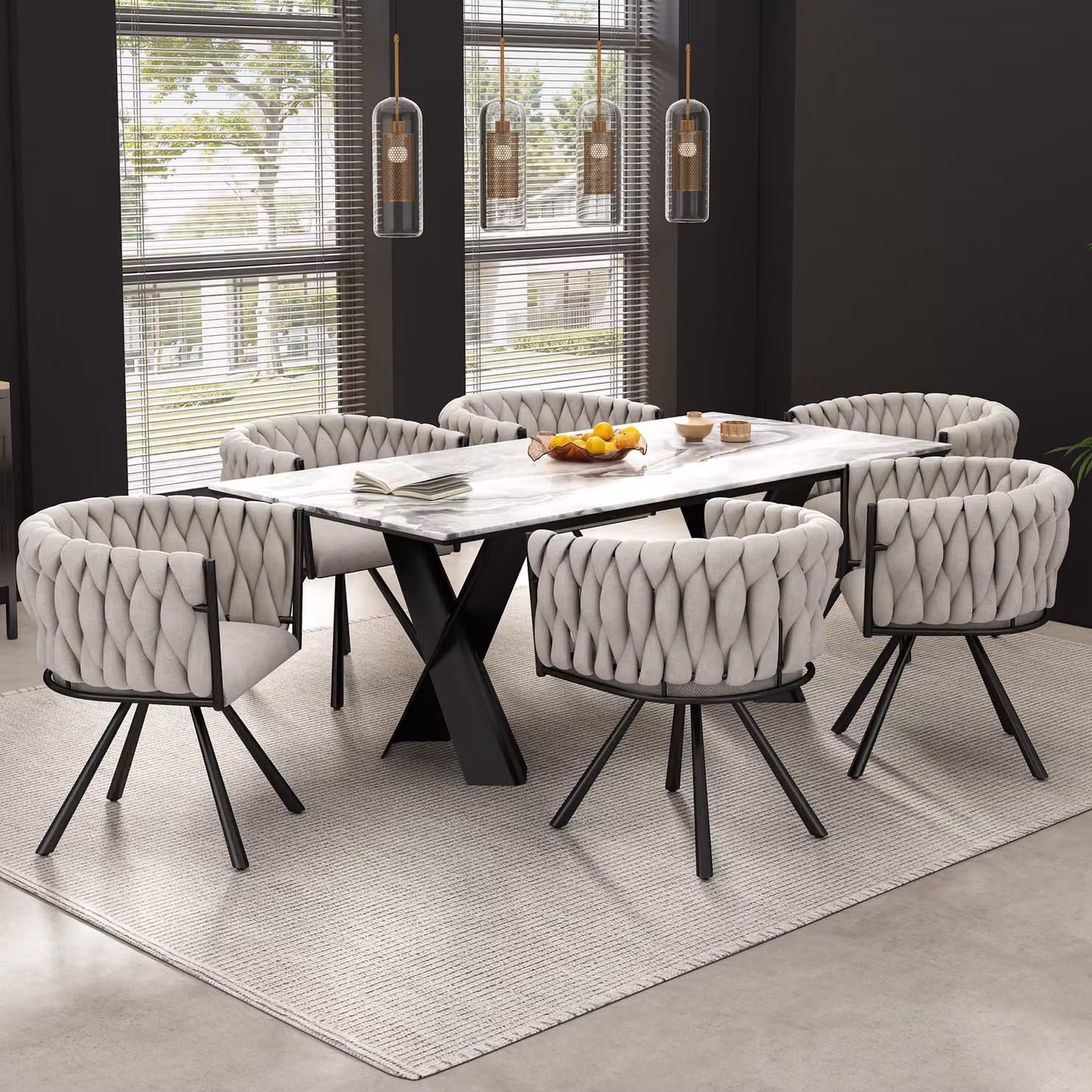 MODFU, sedia girevole, sedia da pranzo in lino, set da 6 pezzi, singola sedia girevole ideale per il soggiorno o la camera da letto, con 4 gambe in metallo, color beige e nero