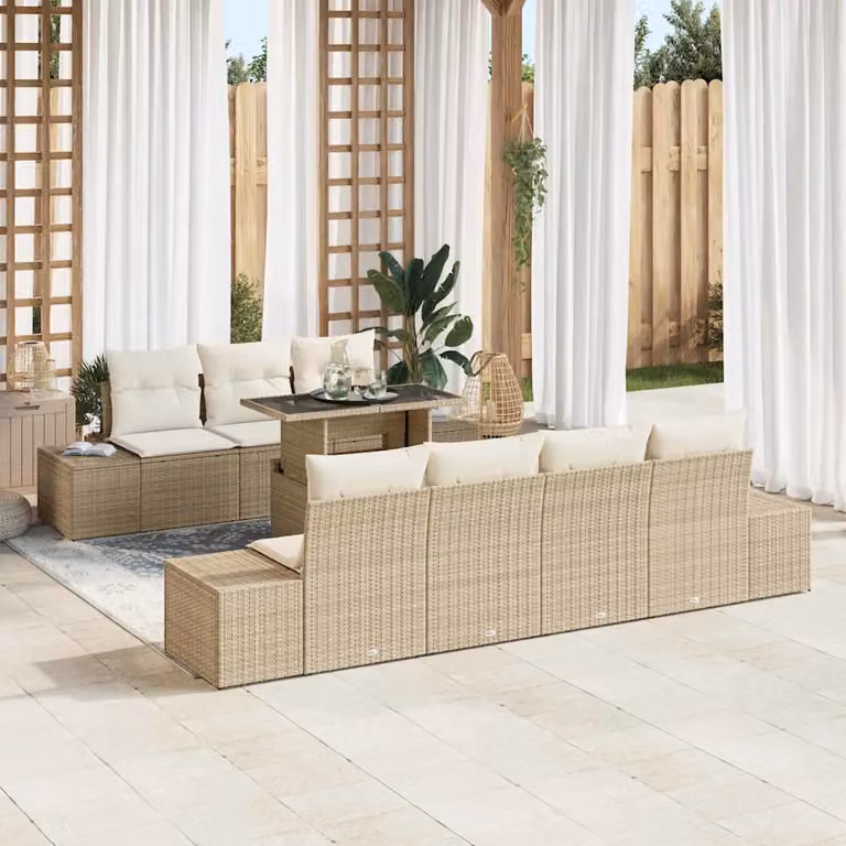 vidaXL Set di divani da giardino a forma di U composto da 8 pezzi in rattan con cuscini beige e bianco e tavolino da caffè in vetro