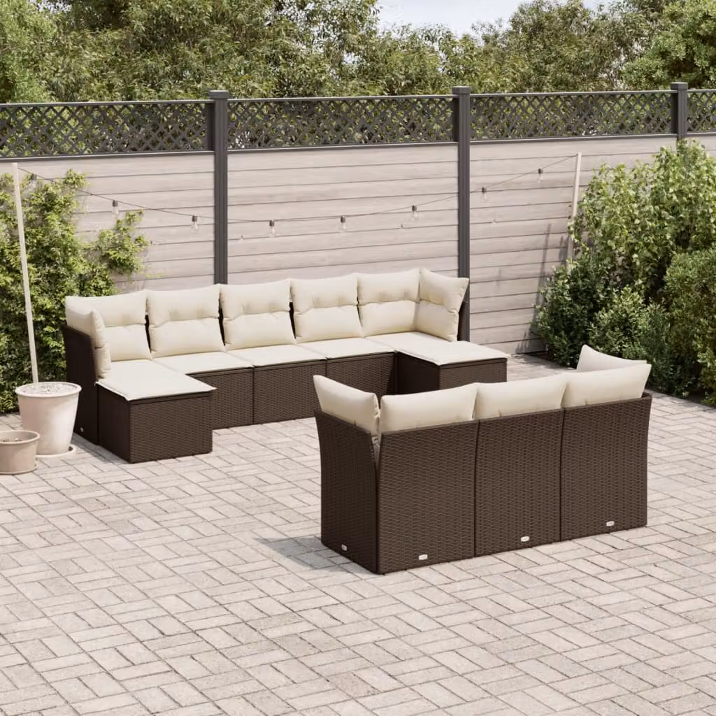 vidaXL Set Divani da Giardino 10 Pezzi in Polyrattan Marrone con Cuscini Bianchi e Struttura in Metallo – 1