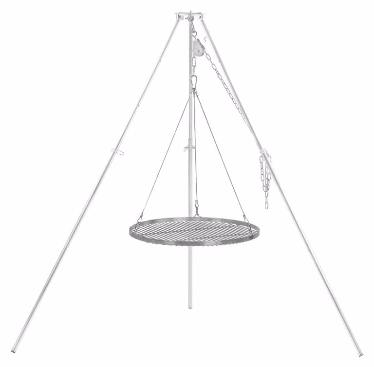 Griglia a treppiede BBQ-Toro con piano cottura circolare di 60 cm, realizzata in ferro zincato, con altezza regolabile da 119 a 184 cm