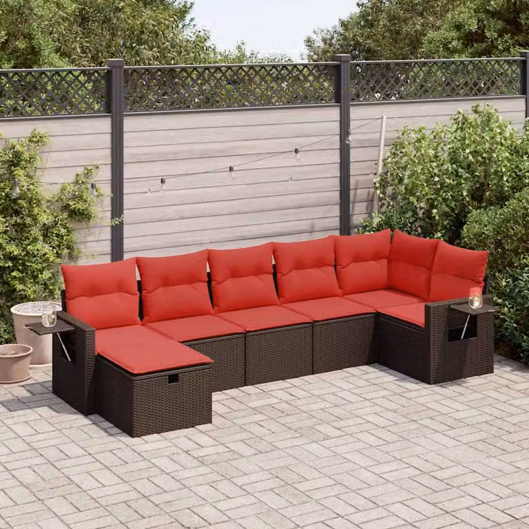 Set Divani da Giardino vidaXL 7 pz a Forma a L con Cuscini Marrone e Rosso in Polyrattan e Metallo