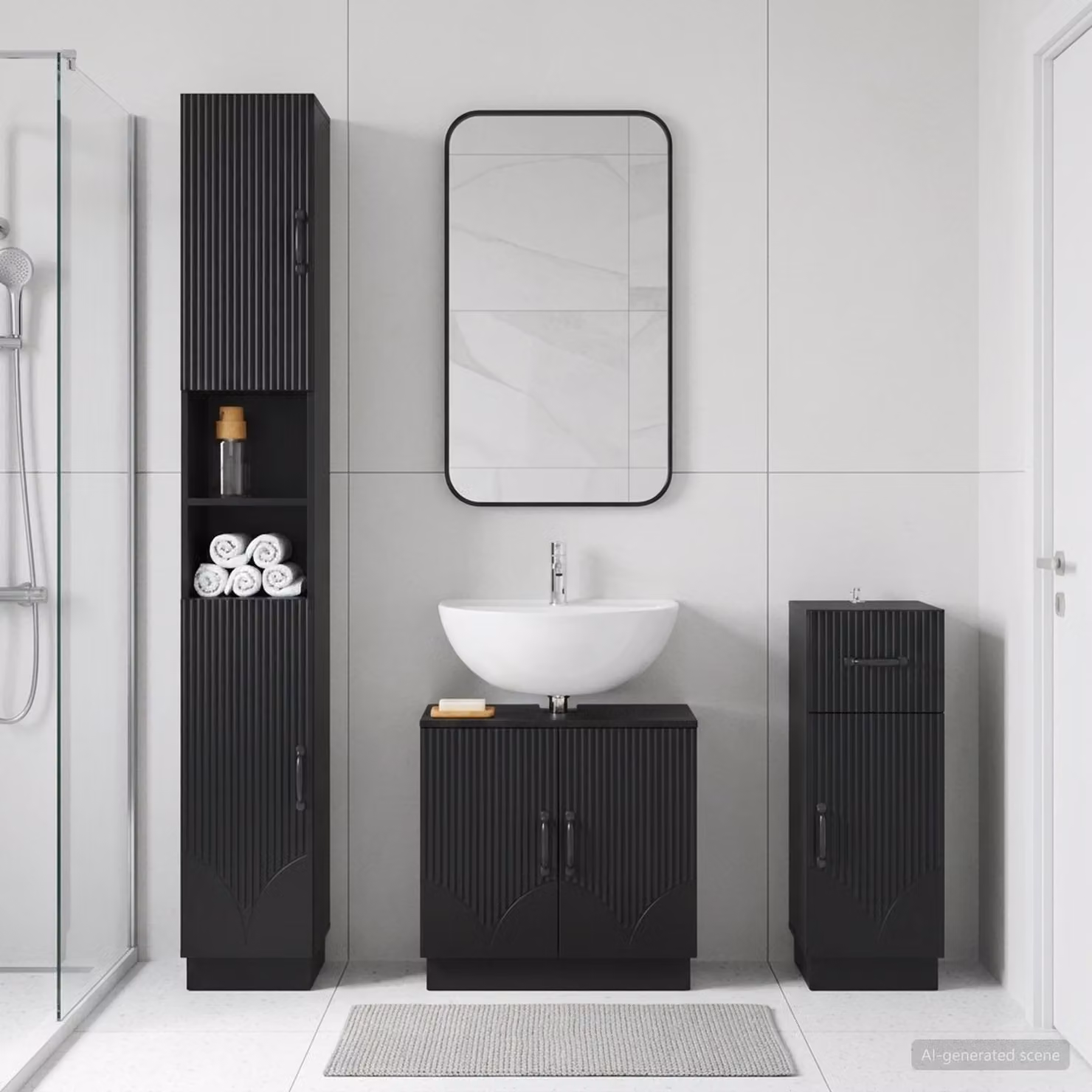 Set di mobili da bagno vidaXL HOORN in 3 pezzi nero opaco con base lavabo, colonna alta e mobile laterale