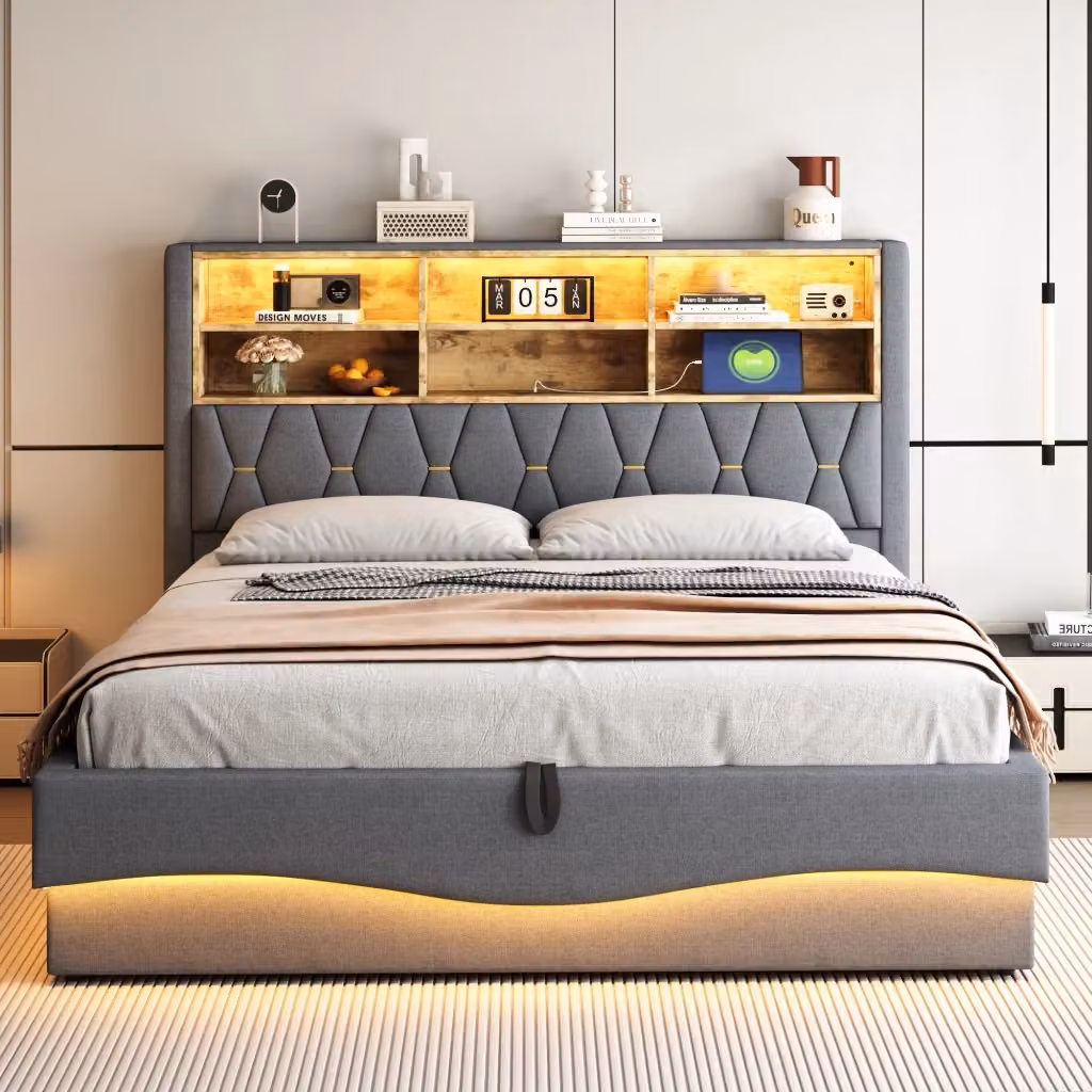 Letto contenitore matrimoniale OKWISH in lino grigio con luce LED, porta USB e vano a scomparsa, L/P: 180 x 200 cm – 2