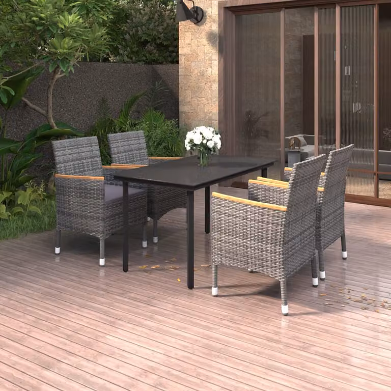 The Living Store Set da pranzo da giardino da 5 pezzi con cuscini in poly rattan e vetro