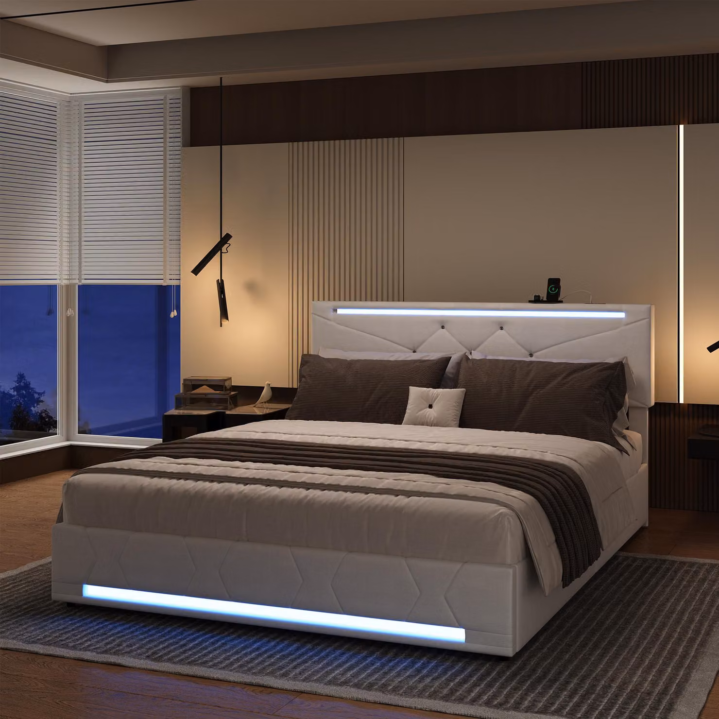 UnboxG letto imbottito 160x200cm con funzione di ricarica (USB&Typ-c), letto giovanile letto matrimoniale letto contenitore con LED, letto a molle idrauliche, lino, beige