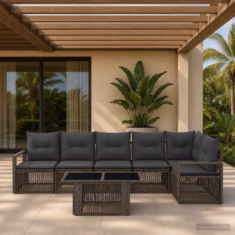Set Divano da Giardino vidaXL 7 Pezzi a Forma di L con Tavolino, Grigio e Antracite, in Polyrattan con Cuscini Inclusi