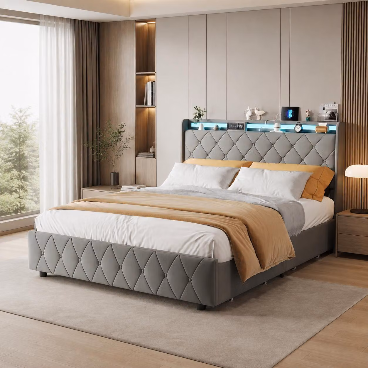 Letto imbottito INONEFT, 160x200 cm, con illuminazione LED e prese USB, letto matrimoniale con 4 cassetti, letto per ragazzi con spazio contenitivo nella testiera, in flanella, colore grigio