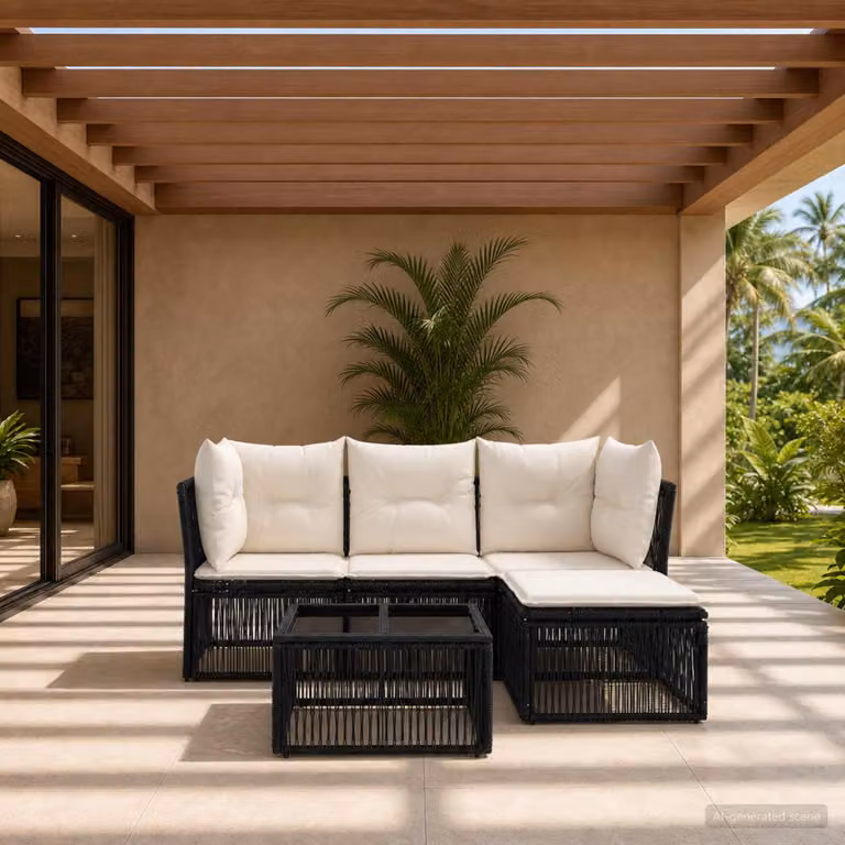 Set Divano da Giardino vidaXL a Forma di L Nero con Tavolino, Elementi Angolari, Ottoman e Cuscini in Polyrattan e Acciaio Verniciato a Polvere