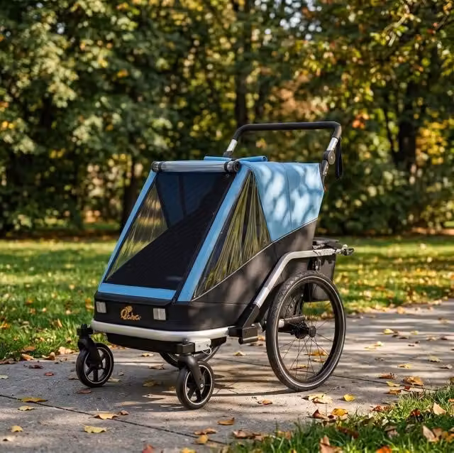 Rimorchio bici multi convertibile per bambini 2 posti pieghevole con ruote piroettanti e dettagli riflettenti blu